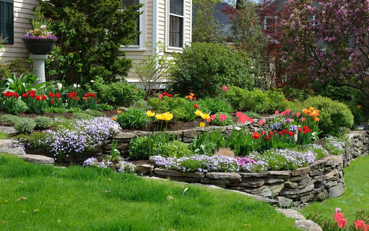 landscaped garden with stone wall and colorful flowers